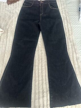 Studio F Black Denim Jeans with Brown Leather Logo Patch